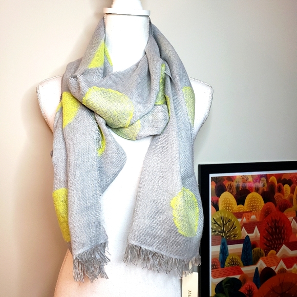 TALBOTS Wool Blend Fringed Scarf Oblong Grey Chartreuse New - Picture 4 of 11